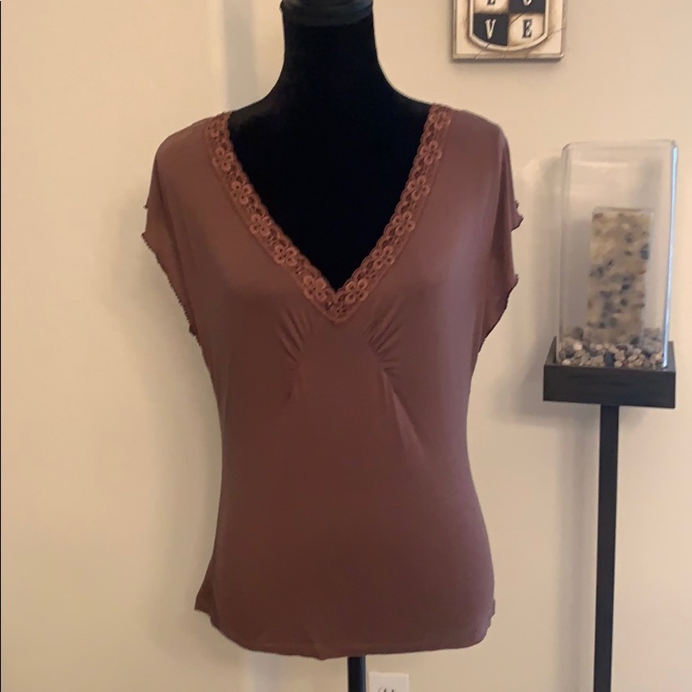 Pretty The Limited Brown Beaded Neck Line Top SZ M